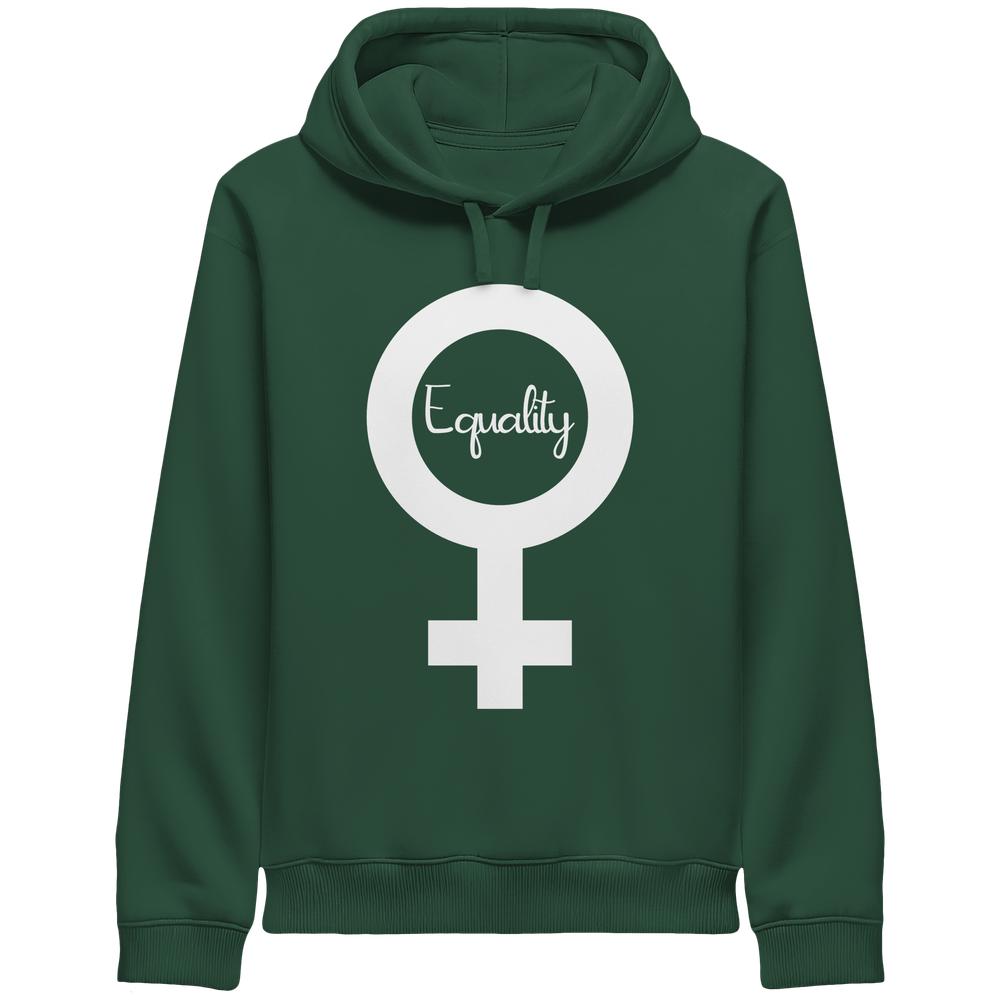 Dunkelgrüner Unisex-Hoodie mit Venus-Symbol und Equality-Aufdruck, symbolisiert Feminismus und Gleichberechtigung, aus Bio-Baumwolle und recyceltem Polyester, von RUDE REBEL.