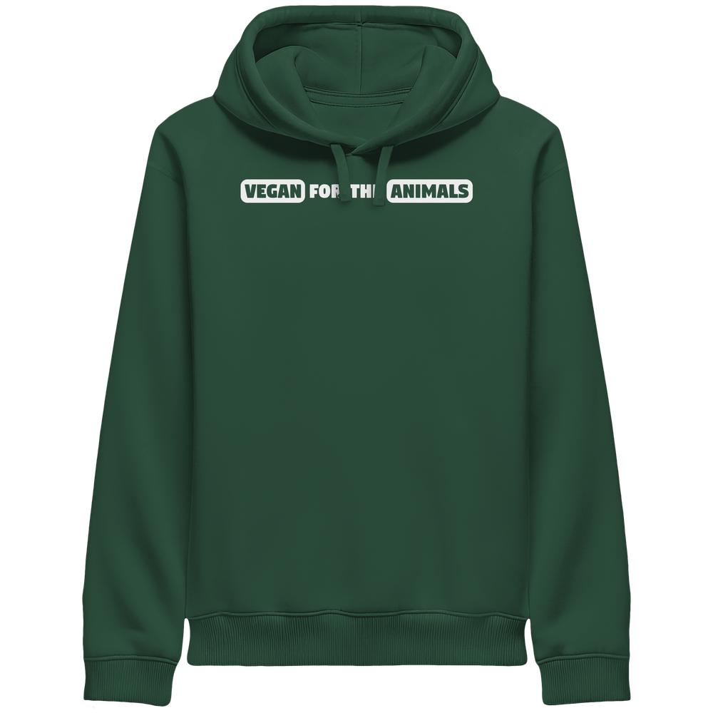 Dunkelgrüner Unisex Hoodie mit dem Slogan “VEGAN FOR THE ANIMALS”, vorne in weißen Buchstaben, aus Bio-Baumwolle und recyceltem Polyester, normale Passform, Seitentaschen.