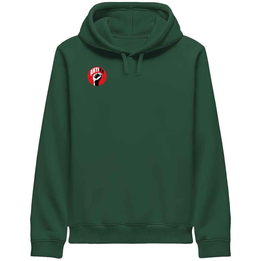 Vegan und Bio Unisex Side Pocket Hoodie: Antifa - Dunkelgrüner Hoodie mit rotem Emblem und erhobener Faust, symbolisiert Widerstand gegen Faschismus, aus nachhaltiger Bio-Baumwolle.