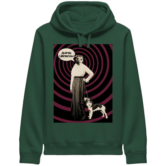 Vegan und Bio Unisex Side Pocket Hoodie: Upside Down - Animal Liberation mit surrealem Hunde-Mensch-Kunstmotiv und Sprechblase, inspiriert von Tierrechts- und Freiheitsthemen.