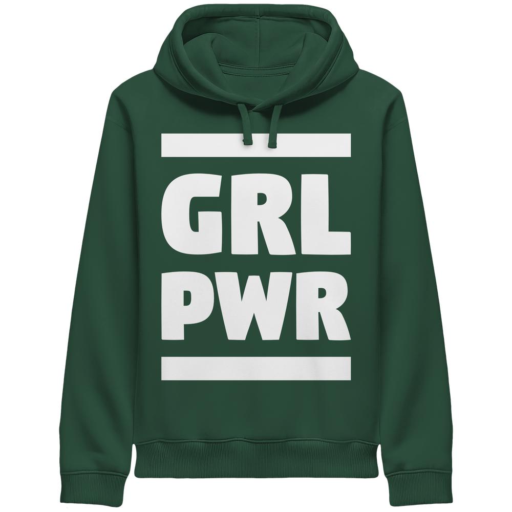 Dunkelgrüner Hoodie mit „GRL PWR“-Aufdruck, veganes und nachhaltiges Design von RUDE REBEL, aus Bio-Baumwolle und recyceltem Polyester, mit feministischer Botschaft.