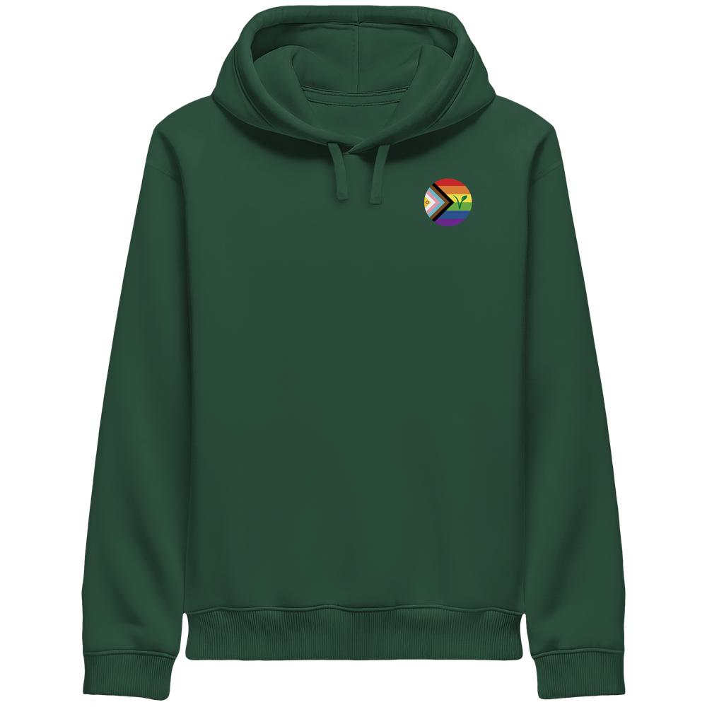 Kapuzensweatshirt in Bottle Green mit Kängurutasche, Kordelzug und Regenbogen-Logo