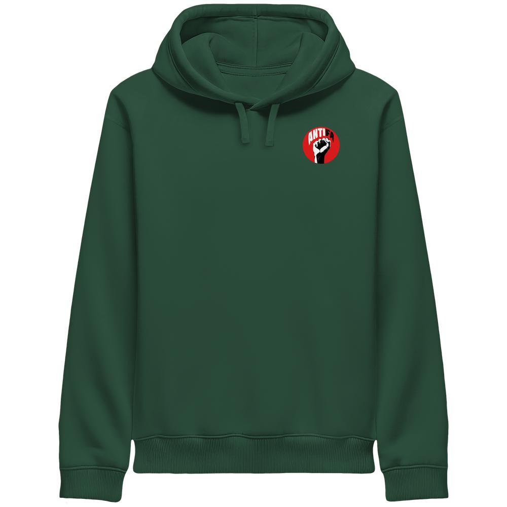 Herren-Hoodie in Flaschengrün mit Kapuze, Kordelzug und Brustlogo „ANTIFA“