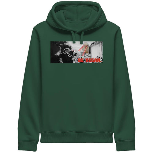 Vegan und Bio Side Pocket Hoodie: BE VEGAN. - Angry bird, mit Stadtmotiv, rotem Schriftzug und einer Kuh, die Laserstrahlen schießt.