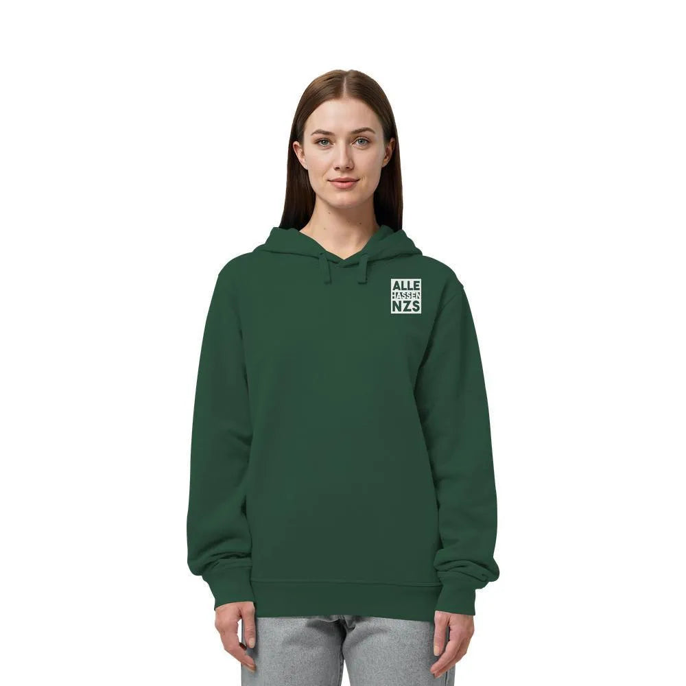 Veganes Bio Kapuzen-Sweatshirt in dunkelgrün, mit Kängurutasche und ALLE HASSEN NZS Logo