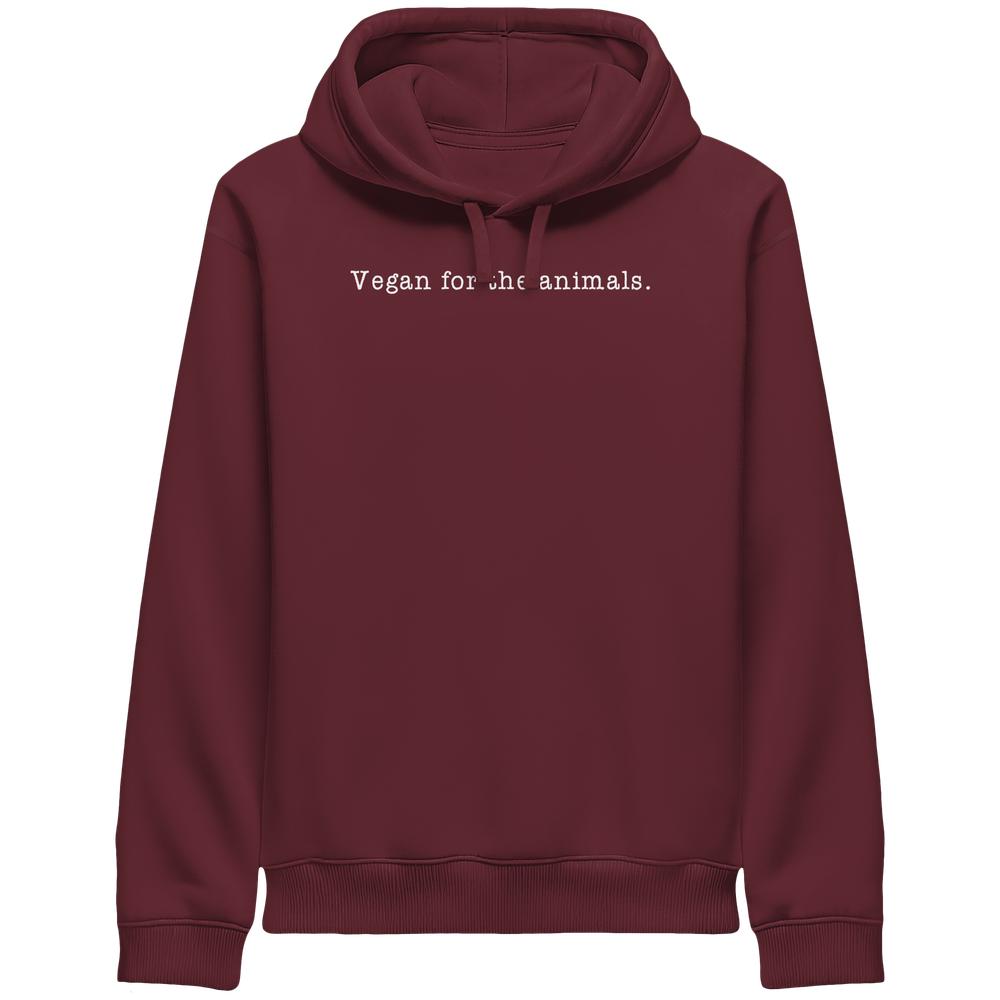 Vegan und Bio Unisex Side Pocket Hoodie mit Slogan Vegan for the animals in weißer Schreibmaschinen-Schrift auf der Brust, betont vegane Werte und Nachhaltigkeit.