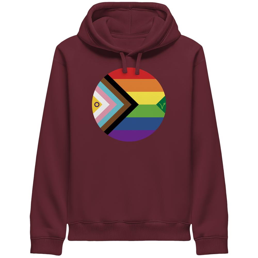 Vegan und Bio Unisex Side Pocket Hoodie: LGBTQAI+ Veganismus mit Progress Pride-Emblem, aus Bio-Baumwolle, nachhaltiges Design von RUDE REBEL.