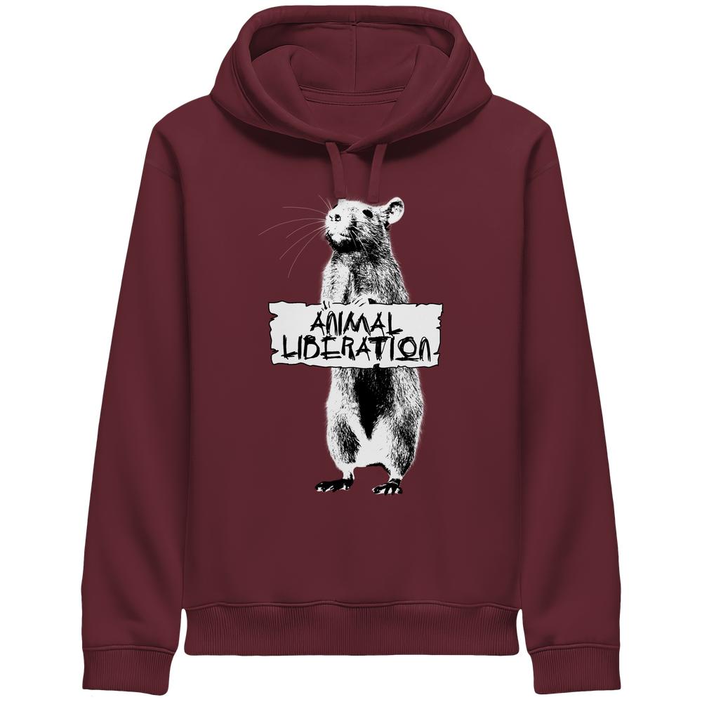 Vegan und Bio Unisex Side Pocket Hoodie: Rat für Animal Liberation, zeigt einen Ratten-Druck mit ANIMAL LIBERATION-Schild, inspiriert von Banksy's Street Art auf maroonem Hoodie.