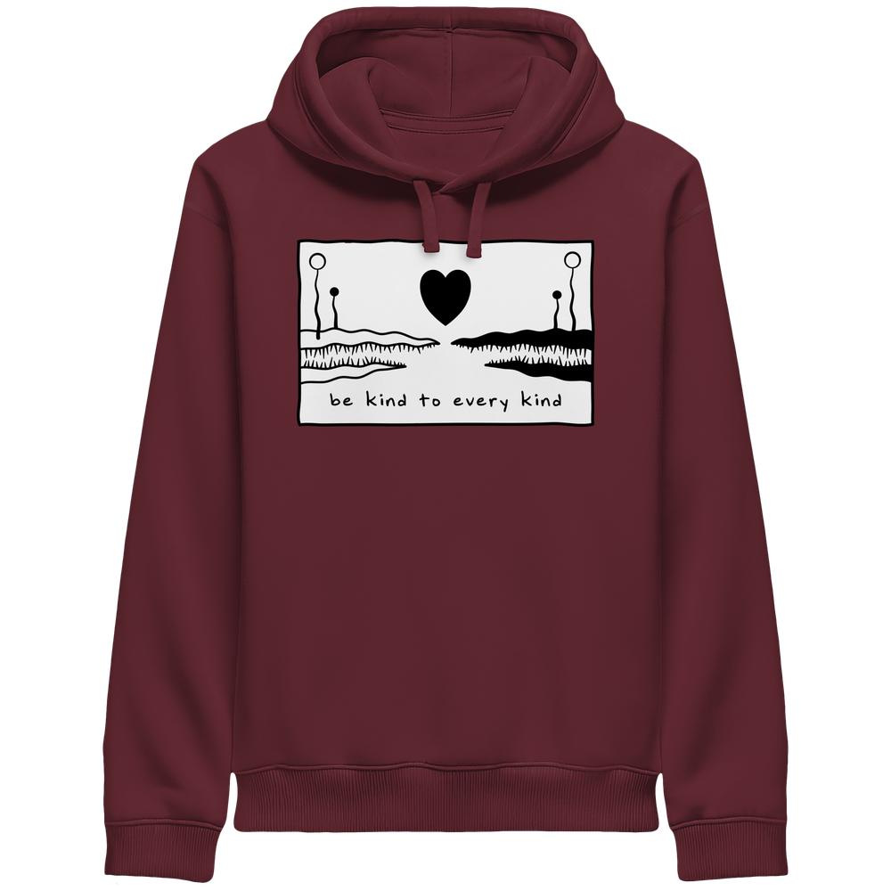 Vegan und Bio Unisex Side Pocket Hoodie mit abstraktem Landschaftsmotiv und dem Slogan „be kind to every kind“, symbolisiert Vielfalt und Mitgefühl.