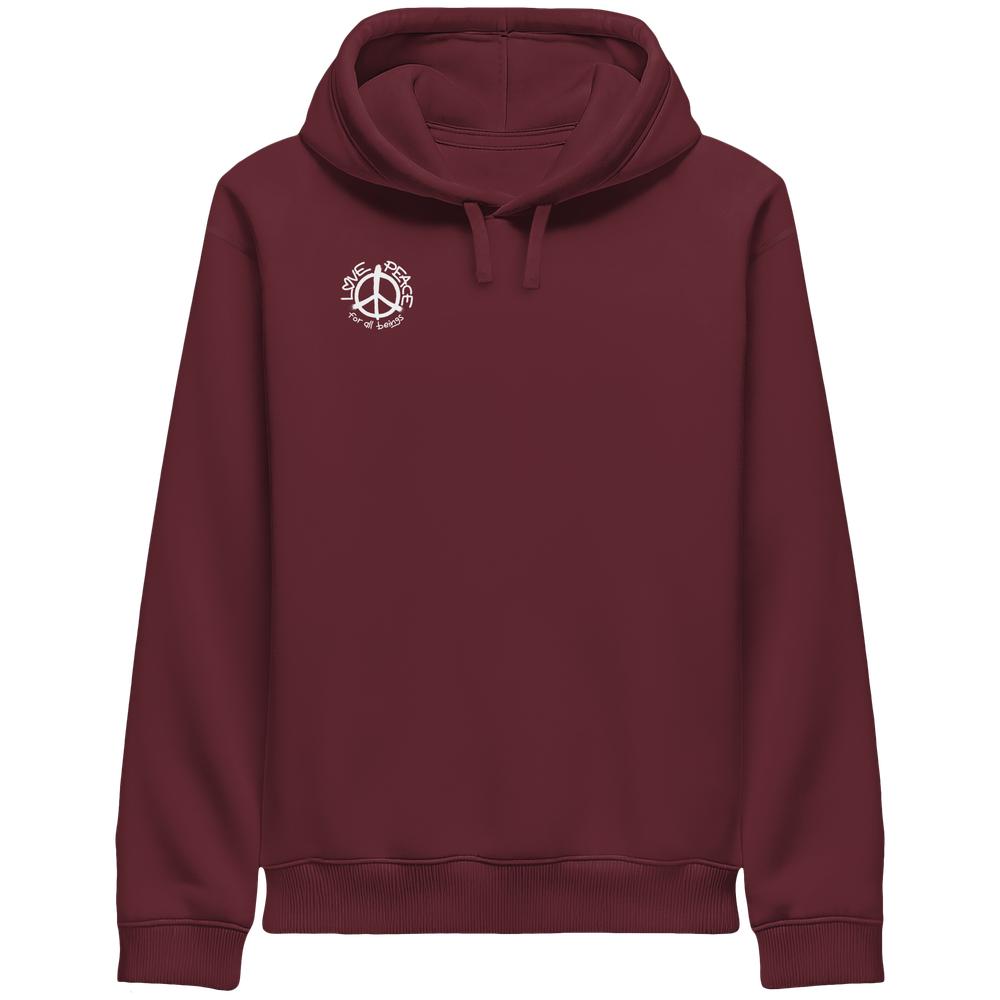 Unisex Hoodie in Burgunderrot mit Love • Peace for all beings Grafik auf der Brust, Seitentaschen. Vegane, nachhaltige Bio-Baumwolle und recyceltes Polyester.