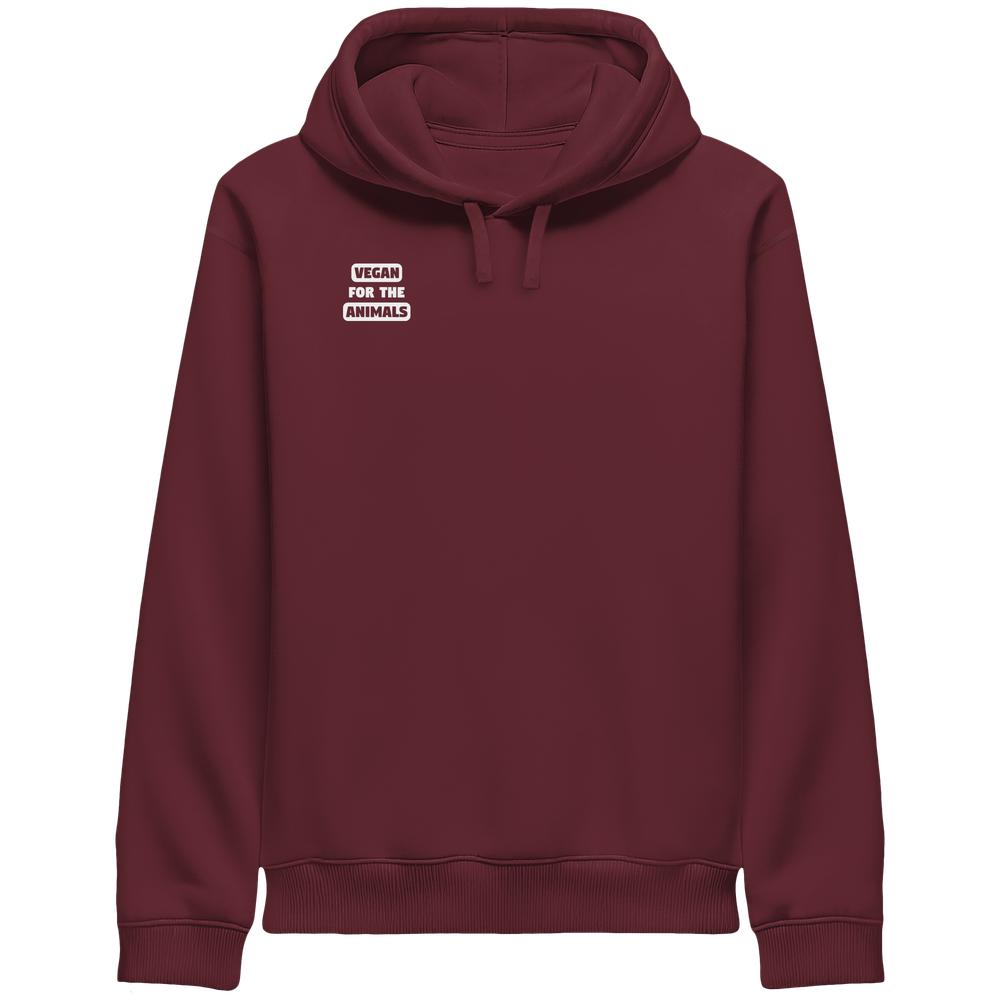 Unisex-Hoodie mit Seitentaschen, Slogan VEGAN FOR THE ANIMALS, aus 85% Bio-Baumwolle, 15% recyceltem Polyester. Nachhaltiges Design von RUDE REBEL.