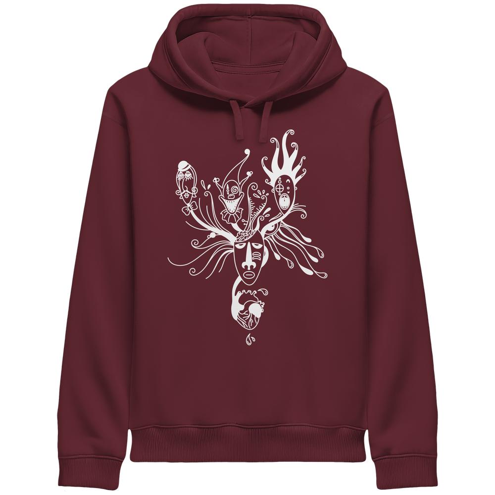 Vegan und Bio Unisex Side Pocket Hoodie: Mental Health - Behind the Mask; maroon Hoodie mit stilisiertem, abstraktem Gesichtsgrafik und Herzmotiv, symbolisiert individuelle Facetten und Alltagsmasken.