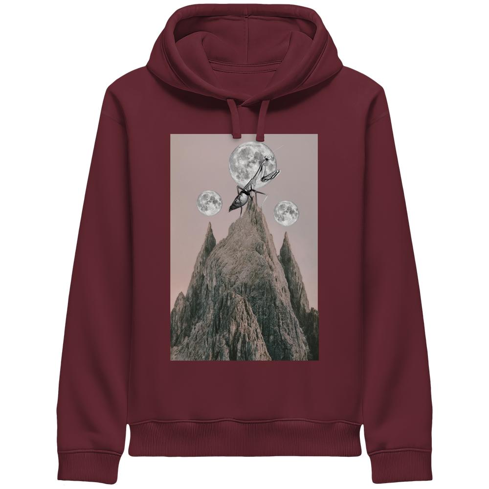 Burgundy Hoodie mit surrealem Print: Riesige Ameise erklimmt Berggipfel unter drei Monden. Vegan und Bio Unisex Side Pocket Hoodie: Gottesanbeterin.
