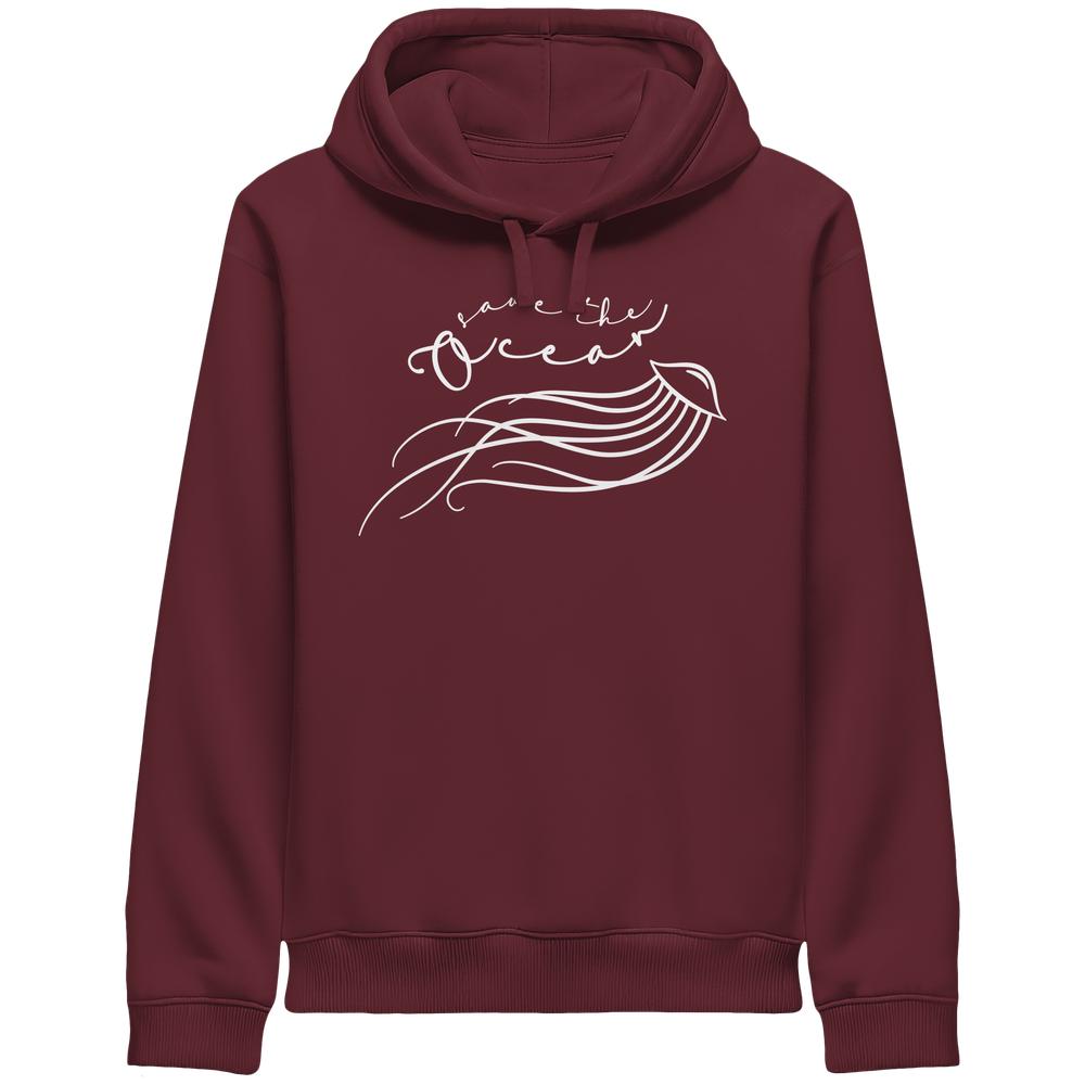 Vegan und Bio Unisex Side Pocket Hoodie mit handgezeichnetem Quallenmotiv und Save the Ocean-Schriftzug, betont Meeres- und Umweltschutz.
