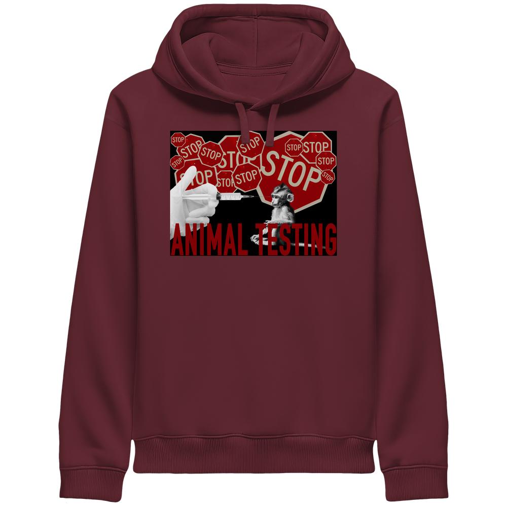 Vegan und Bio Unisex Side Pocket Hoodie: STOP ANIMAL TESTING! zeigt ein Anti-Tierversuchs-Motiv mit Spritze, Affe und roten STOP-Schildern, betont klare, radikale Botschaft gegen Tierversuche.