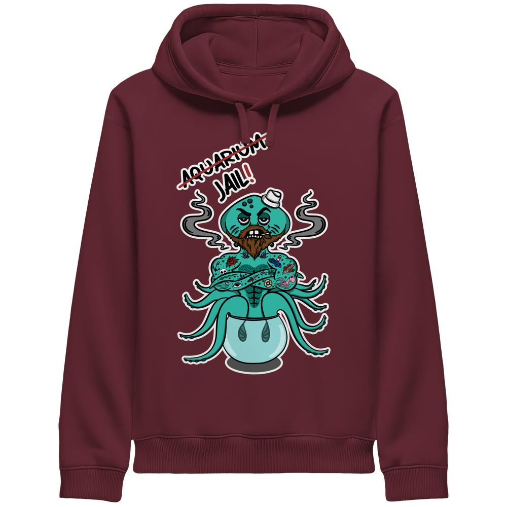 Vegan und Bio Unisex Side Pocket Hoodie: Animal Rights - Aquarium=Jail! zeigt einen bärtigen Oktopus im Knast mit satirischem Design und Tierrechtsbotschaft.