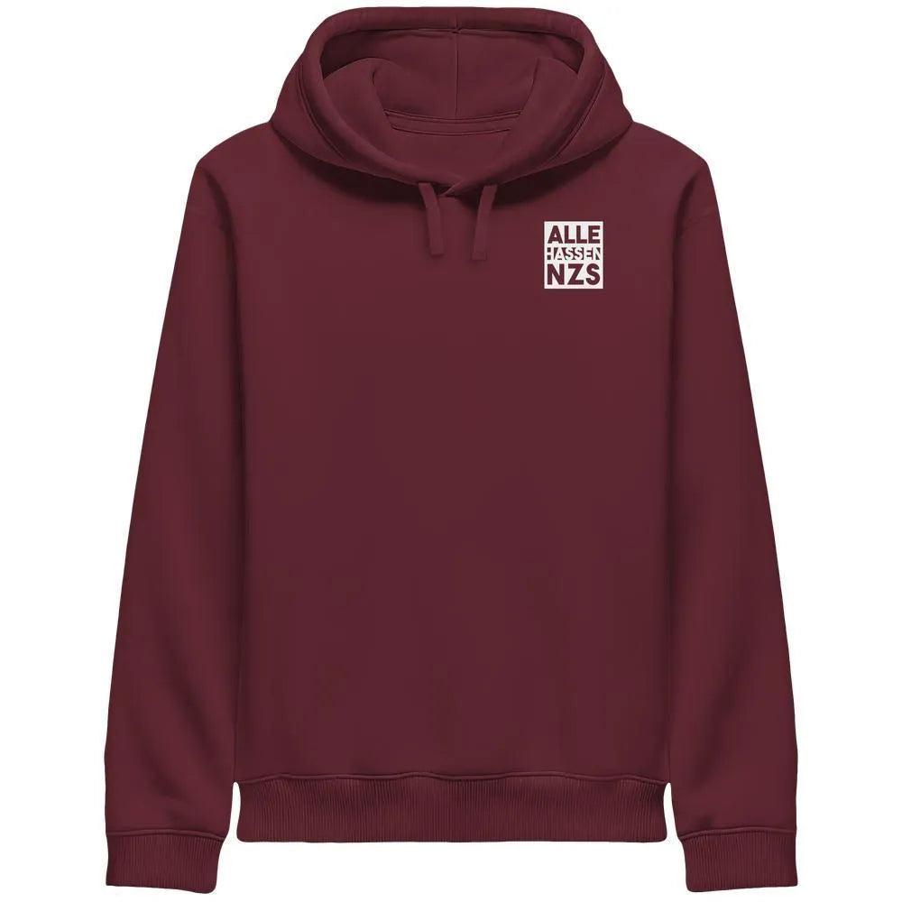 Veganes Bio Kapuzen-Sweatshirt, bordeauxrot, mit Kängurutasche und Kordelzug, Logo-Aufnäher