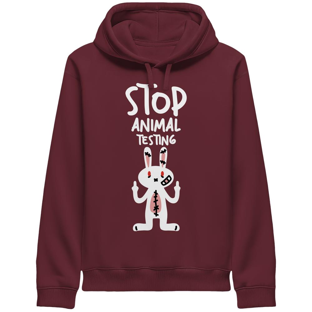 Burgunderfarbener Hoodie mit Kapuze und Kängurutasche, Motiv „Stop Animal Testing“