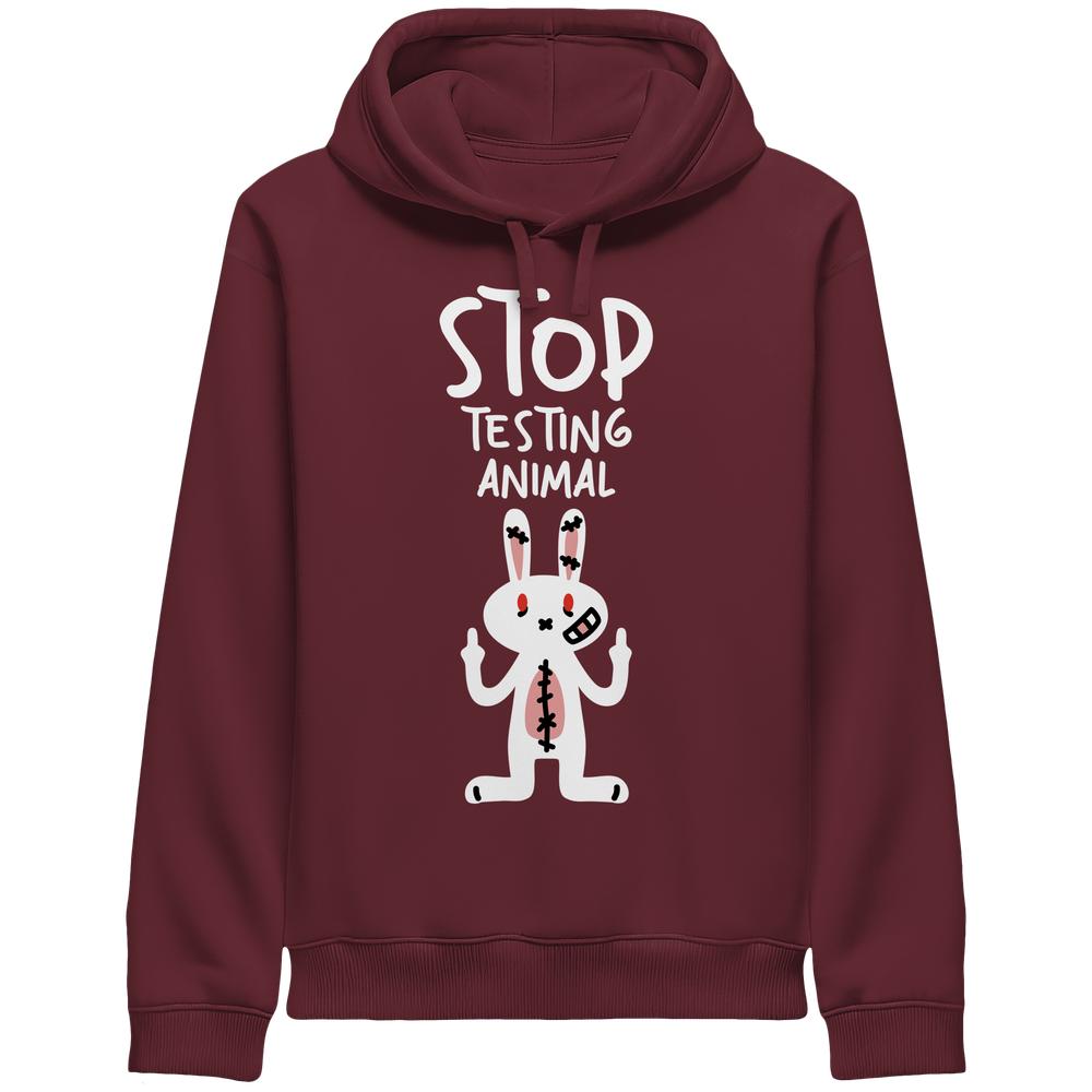 Vegan und Bio Side Pocket Hoodie: Angry Rabbit - Animal Rights zeigt einen wütenden Hasen mit Stopp-Tierversuche-Botschaft, symbolisiert rebellischen Tierrechtsprotest.