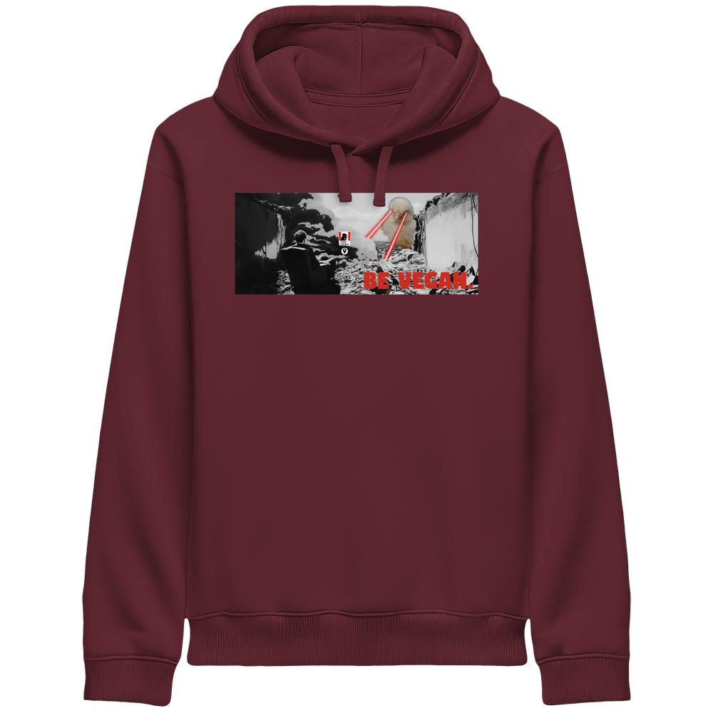 Vegan und Bio Side Pocket Hoodie: BE VEGAN. zeigt dystopische Szene mit einsamer Figur und roten Laserstrahlen; Statement für Veganismus auf burgunderfarbenem Kapuzenpullover.