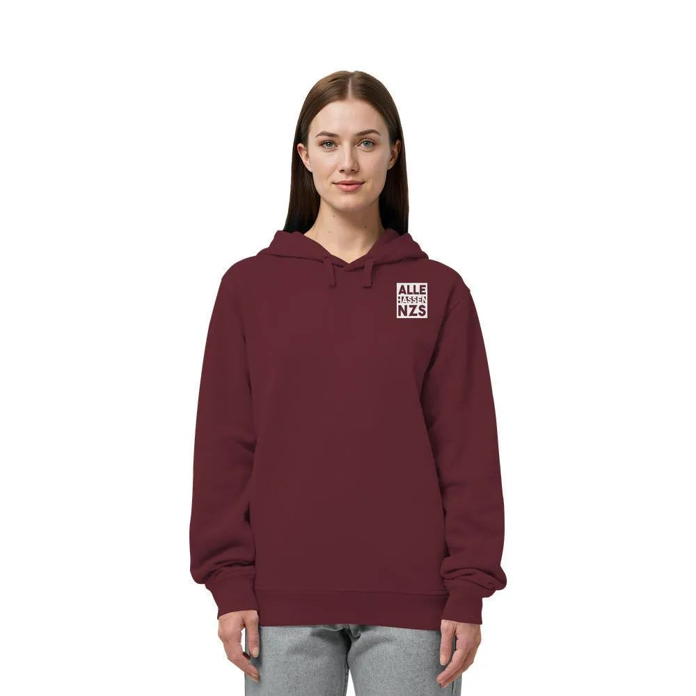 Veganes Bio Kapuzen-Sweatshirt in bordeauxrot, mit Kängurutasche und Logo-Aufnäher