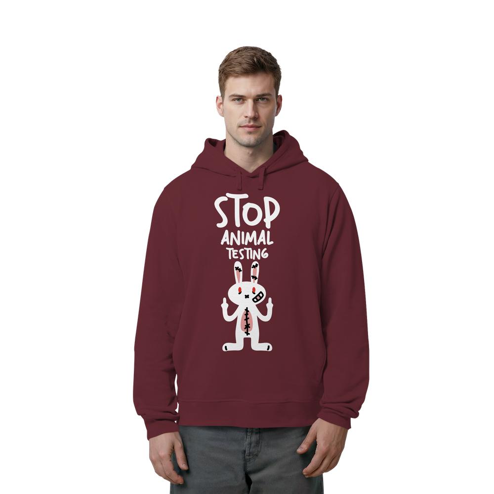 Burgunder Hoodie mit Kapuze und Kängurutasche, großes „Stop Animal Testing“-Hasenmotiv