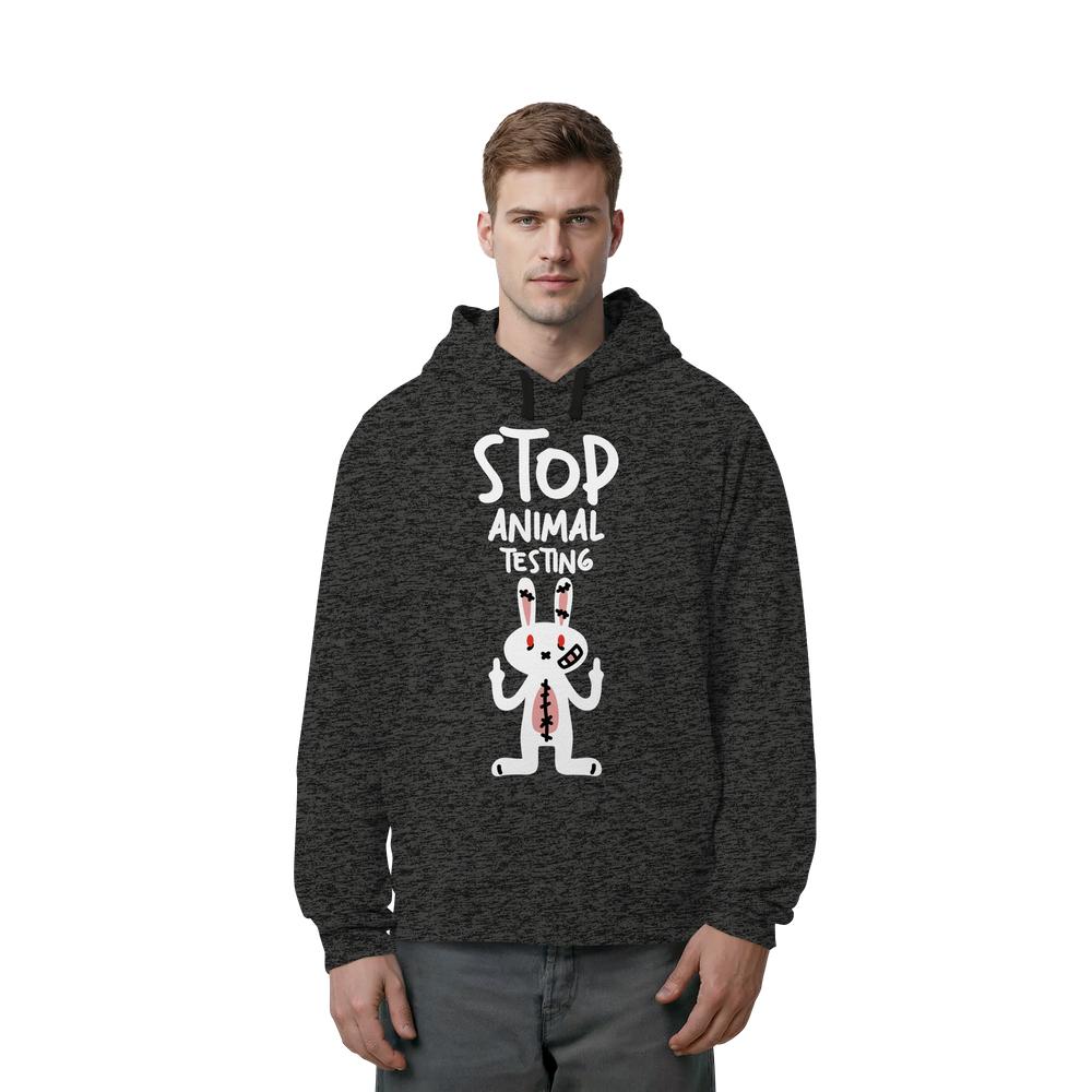 Herren-Kapuzenpullover in Dunkelgrau mit Frontaufdruck „STOP ANIMAL TESTING“ und Kaninchen