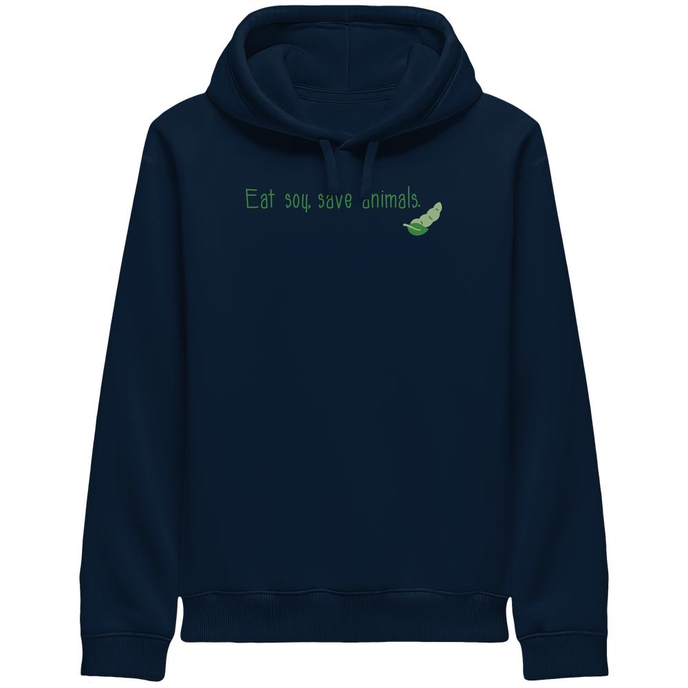 Dunkelblauer Hoodie mit dem Slogan „Eat soy, save animals“ und grüner Sojabohnen-Illustration, nachhaltige Bio-Baumwolle mit recyceltem Polyester, normale Passform, Seitentaschen.