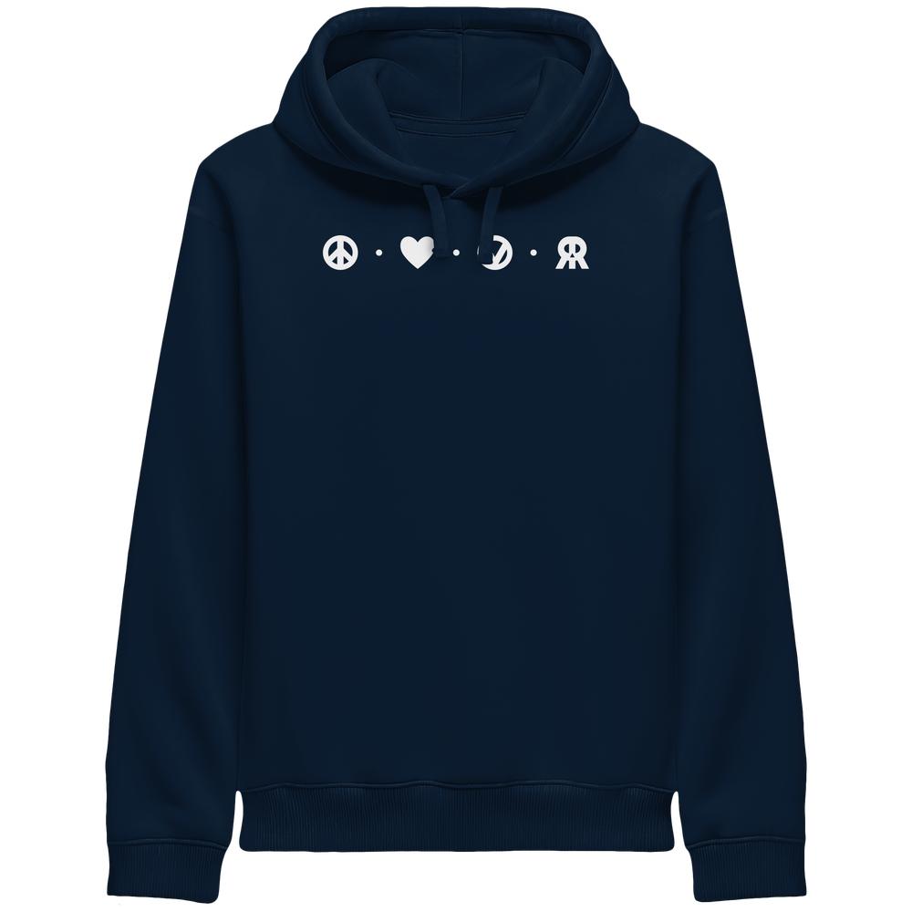 Unisex-Hoodie mit Kapuze: Frieden, Liebe, Veganismus, Rebellion – navy-blau, Brustsymbole: Peace, Herz, Mond, Rebell. Bio-Baumwolle, recyceltes Polyester, seitliche Taschen.