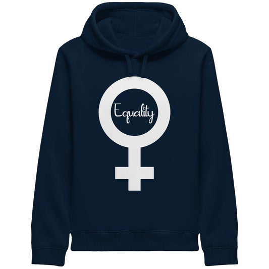 Vegan und Bio Unisex Side Pocket Hoodie: Feminismus - Der Kampf um Gleichberechtigung, dunkelblau mit weißem Venus-Symbol und Equality Schriftzug, symbolisiert feministische Gleichberechtigung.