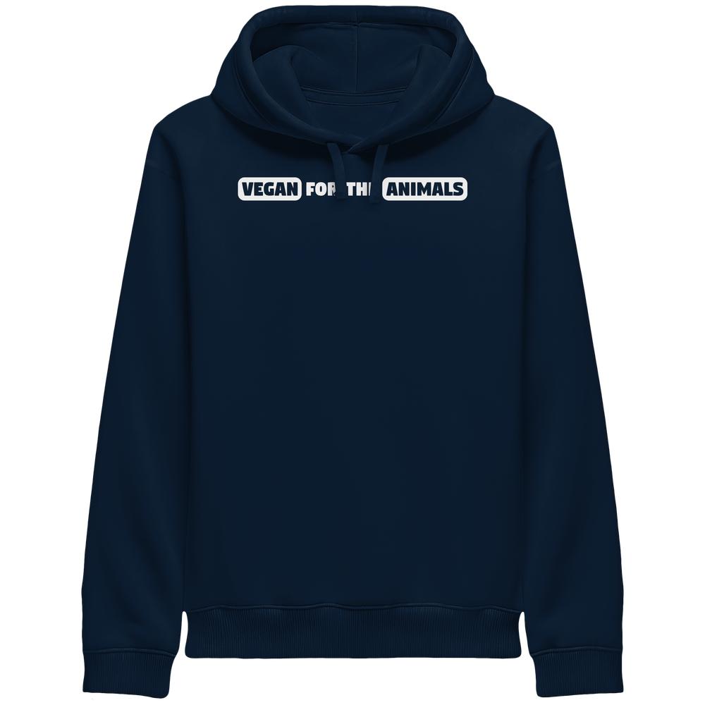 Dunkelblauer Unisex-Hoodie mit Kängurutasche und Kapuze, bedruckt mit VEGAN FOR THE ANIMALS. Hergestellt aus Bio-Baumwolle und recyceltem Polyester, von RUDE REBEL.