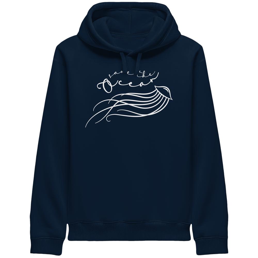 Vegan und Bio Unisex Side Pocket Hoodie mit minimalistischer Quallenzeichnung und Save the Ocean-Schriftzug, symbolisiert den Schutz der Meere; aus Bio-Baumwolle und recyceltem Polyester.