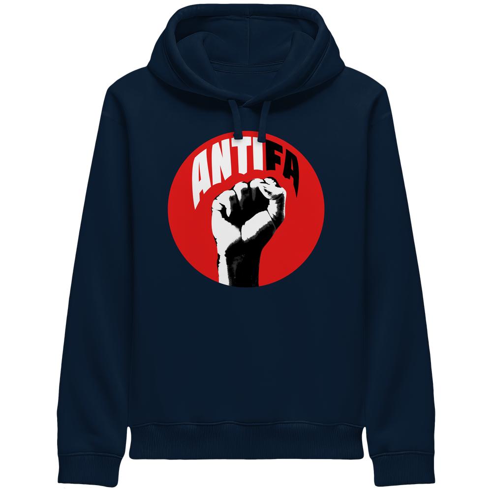 Vegan und Bio Unisex Side Pocket Hoodie: Antifa - Kampf gegen Rechts zeigt ein kämpferisches Design mit rotem Kreis, ANTIFA-Schriftzug und erhobener Faust.