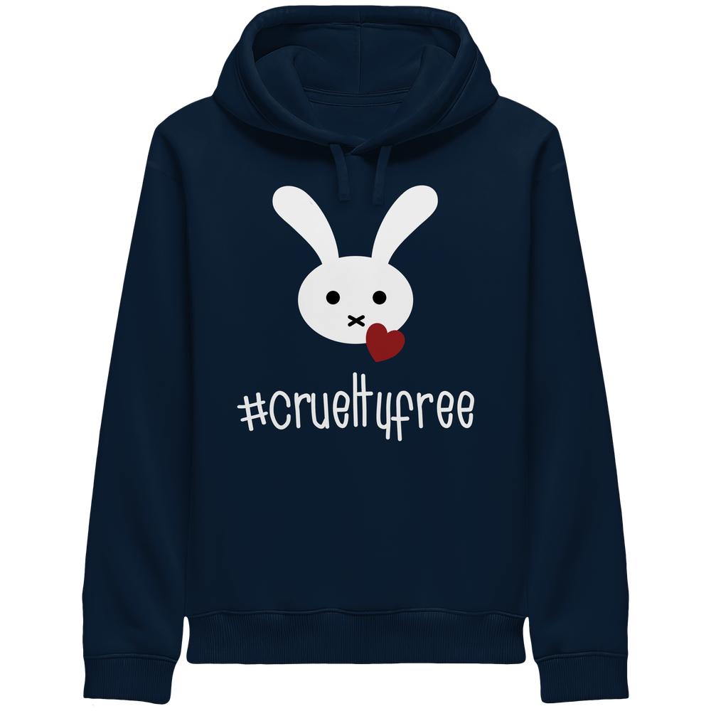Navyblauer Unisex-Hoodie mit Kapuze, zeigt ein schlichtes weißes Hasenmotiv mit rotem Herz und crueltyfree-Hashtag, repräsentiert vegane, biologische Mode von RUDE REBEL.