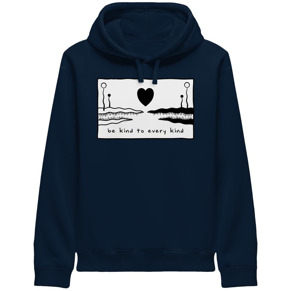 Vegan und Bio Unisex Side Pocket Hoodie: Be kind to every kind, zeigt ein Herzmotiv zwischen Landschaften, inspiriert von Tierrechten und Naturschutz.
