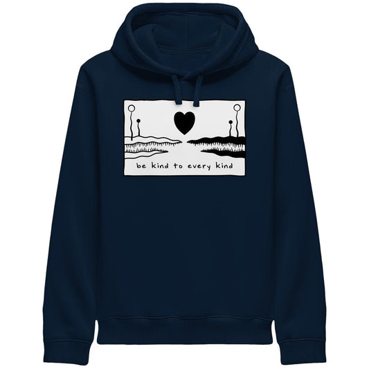Vegan und Bio Unisex Side Pocket Hoodie: Be kind to every kind, zeigt ein Herzmotiv zwischen Landschaften, inspiriert von Tierrechten und Naturschutz.