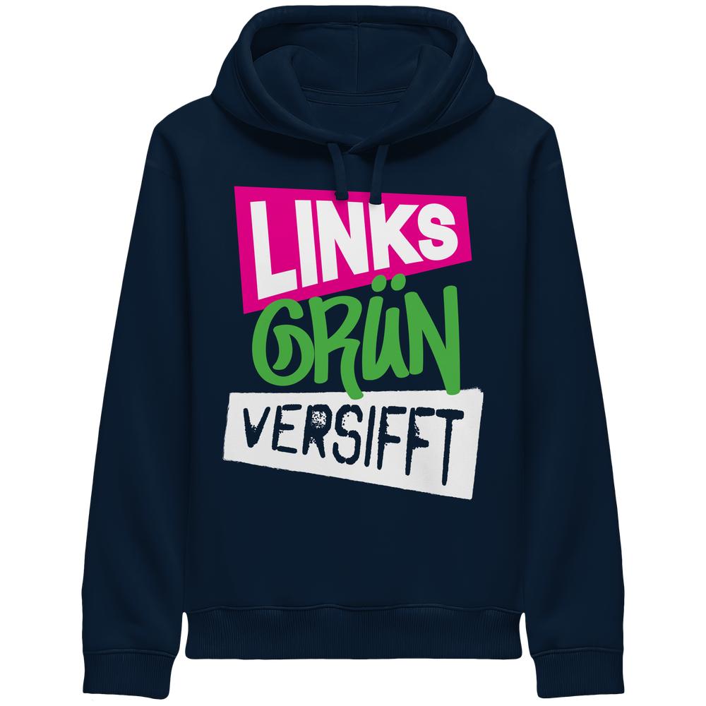 Unisex-Hoodie mit Taschen, dunkelblau, Slogan LINKS GRÜN VERSIFFT in Pink, Grün, Off-White. Aus Bio-Baumwolle und recyceltem Polyester, Rebellisches Design von RUDE REBEL.