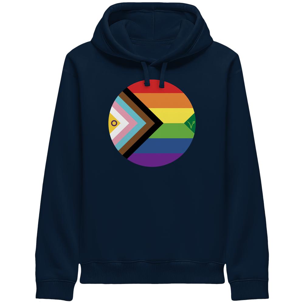 Navy-blauer Vegan und Bio Unisex Side Pocket Hoodie: LGBTQAI+ Veganismus mit Progress + Intersex Pride-Flagge, betont Vielfalt und Nachhaltigkeit, von RUDE REBEL.