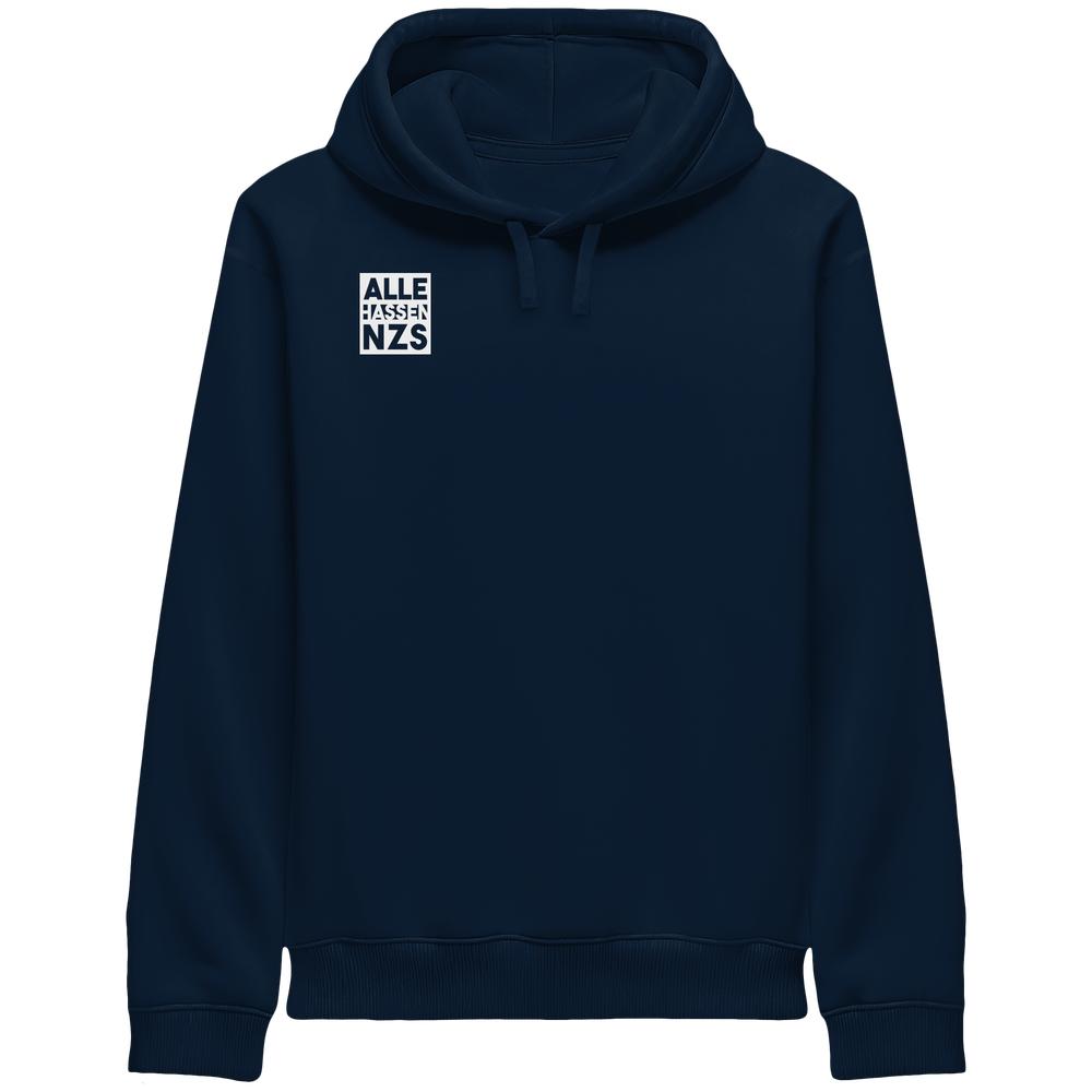 Navy-blauer Hoodie mit weißem ALLE HASSEN NZS!-Grafik, Kapuze, Kordelzug, Seitentaschen, und Rippbündchen, aus Bio-Baumwolle und recyceltem Polyester von RUDE REBEL.