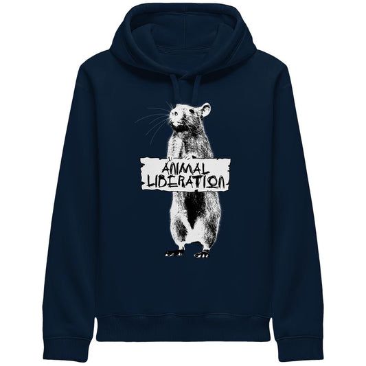 Unisex Side Pocket Hoodie: Rat for Animal Liberation mit Ratten-Illustration und ANIMAL LIBERATION-Schild, inspiriert von Banksy, aus Bio-Baumwolle und recyceltem Polyester.