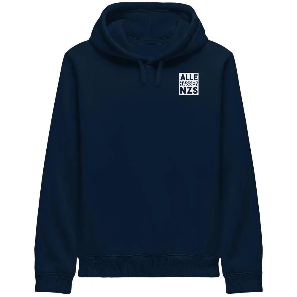 Veganes Bio Kapuzen-Sweatshirt, dunkelblau, mit Kängurutasche und Kordelzug, ALLE HASSEN NZS