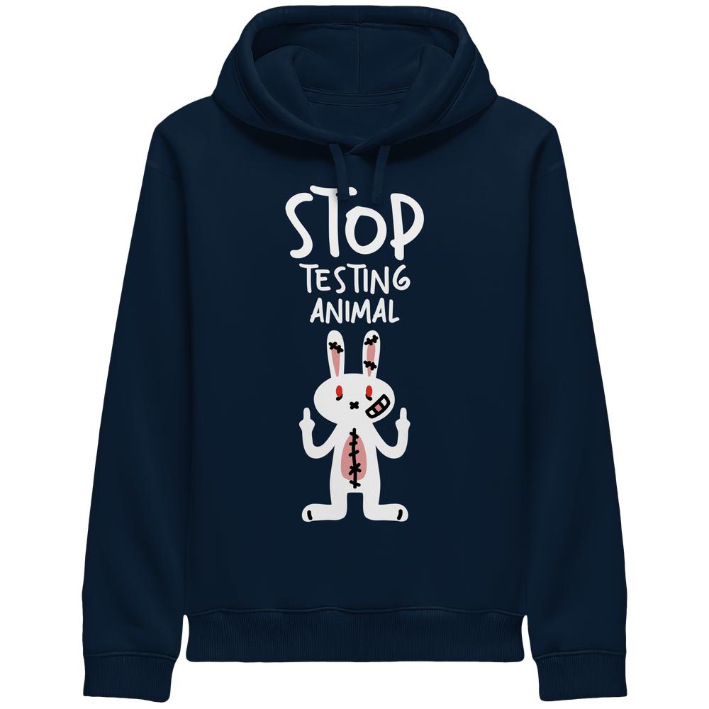 Vegan und Bio Side Pocket Hoodie: Angry Rabbit - Animal Rights, zeigt ein rebellisches Laborhäschen-Motiv gegen Tierversuche auf dunkelblauem Hoodie mit handgezeichnetem Schriftzug STOP TESTING ANIMALS.