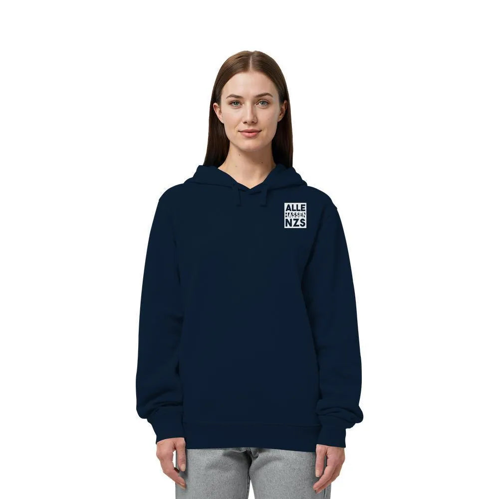 Veganes Bio Kapuzen-Sweatshirt in dunkelblau, mit Kängurutasche und ALLE HASSEN NZS Logo
