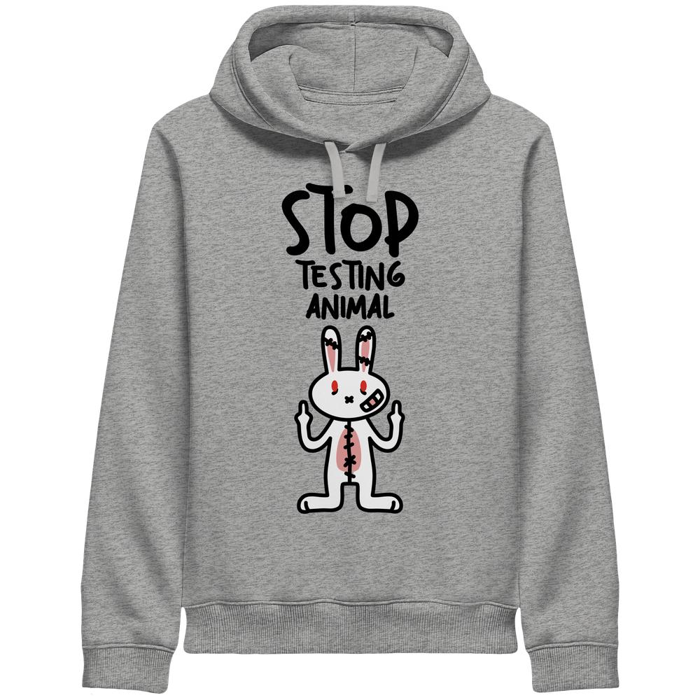 Heather-Grau Hoodie Vegan und Bio Side Pocket Hoodie: Angry Rabbit - Animal Rights mit wütendem Cartoon-Hasen und Anti-Tierversuchs-Slogan, repräsentiert rebellisches Tierrechts-Design von RUDE REBEL.