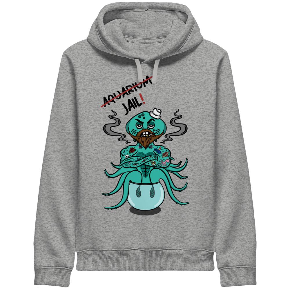 Unisex-Hoodie mit Cartoon-Oktopus im Aquarium, Aquarium=Jail! Print. Veganes Design aus Bio-Baumwolle, thematisiert Tierrechte.