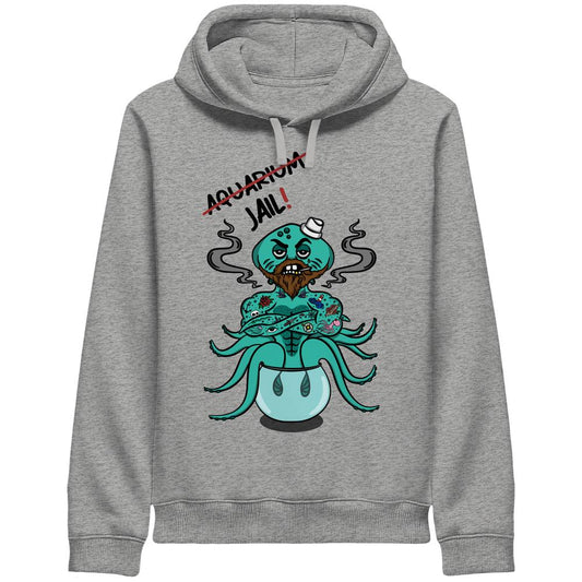 Unisex-Hoodie mit Cartoon-Oktopus im Aquarium, Aquarium=Jail! Print. Veganes Design aus Bio-Baumwolle, thematisiert Tierrechte.