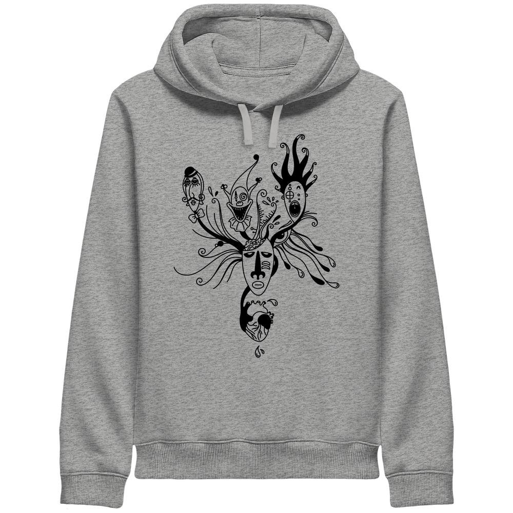 Unisex-Hoodie Mental Health - Behind the Mask mit surrealem Gesichtsgrafik, aus Bio-Baumwolle und recyceltem Polyester, seitliche Taschen, flache Kordeln.