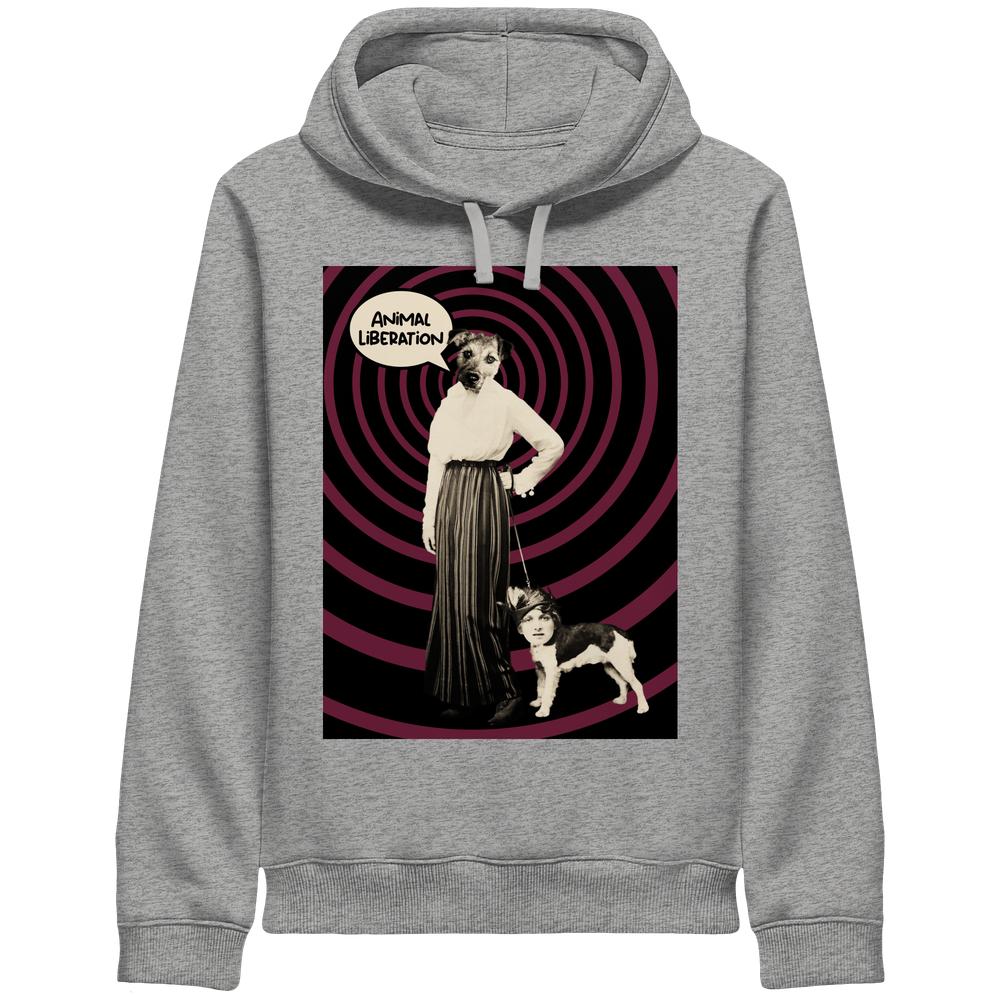 Vegan und Bio Unisex Side Pocket Hoodie: Upside Down - Animal Liberation, zeigt eine surrealistische Grafik mit einer menschlich-tierischen Figur und dem Schriftzug ANIMAL LIBERATION.