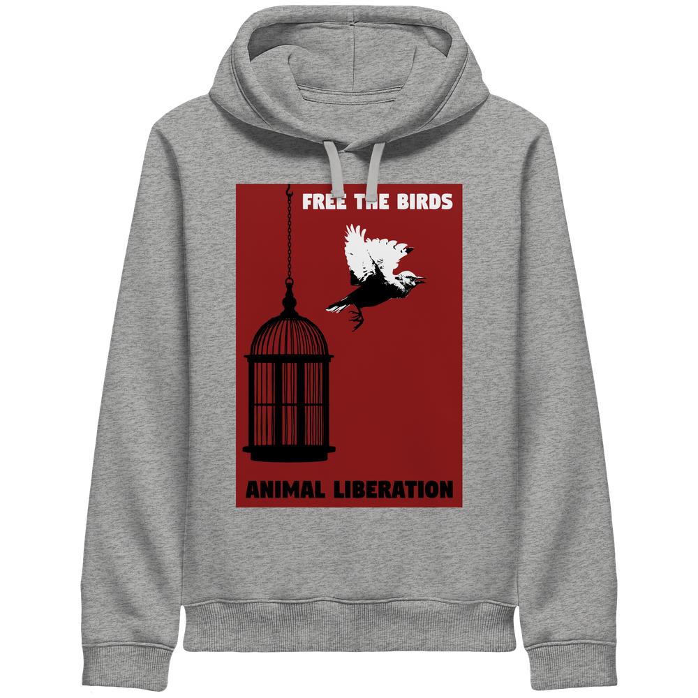 Unisex-Hoodie mit Kapuze, zeigt Vogelkäfig-Design mit Text FREE THE BIRDS und ANIMAL LIBERATION, aus Bio-Baumwolle und recyceltem Polyester, rebellisches Tierbefreiungsstatement.