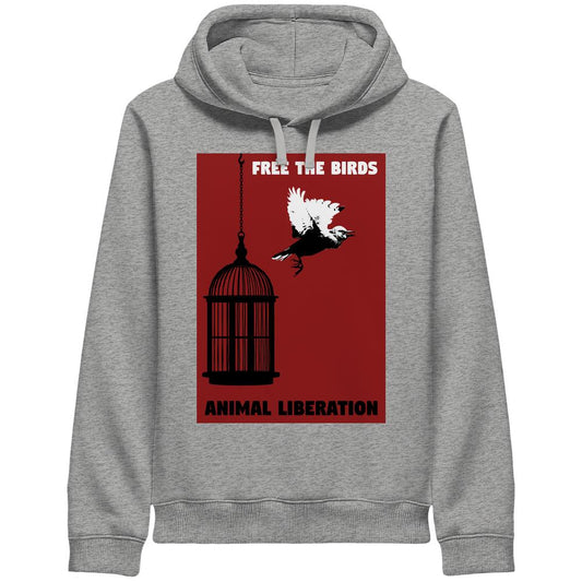 Unisex-Hoodie mit Kapuze, zeigt Vogelkäfig-Design mit Text FREE THE BIRDS und ANIMAL LIBERATION, aus Bio-Baumwolle und recyceltem Polyester, rebellisches Tierbefreiungsstatement.